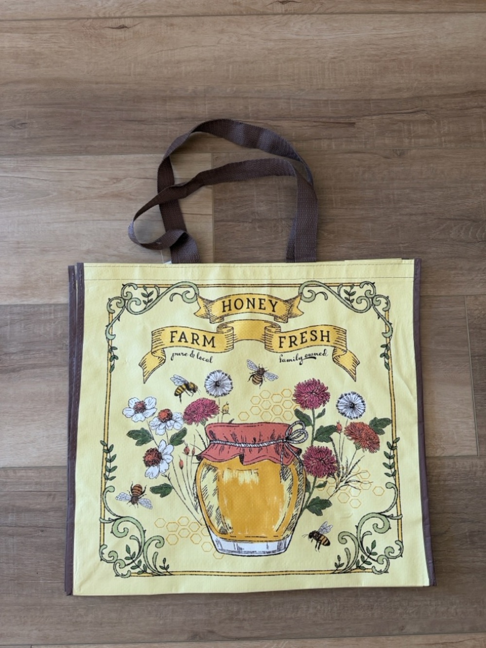 Honey print reusable tote bag
